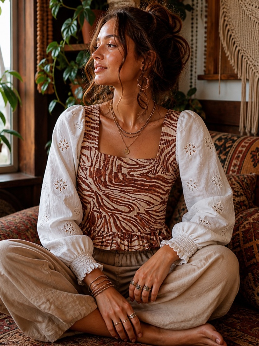 Love the Label for Anthropologie Eyelet Boho Smocked Puff Sleeve Blouse XS